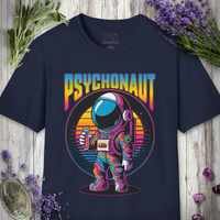 T-shirt printed with a cosmic astronaut drifting through a colorful LSD-inspired galaxy.