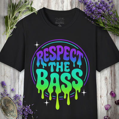 Respect the Bass melting print unisex t-shirt, front view on a plain background.