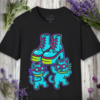 Close-up of the Boots and Cats Blue print design on the t-shirt.