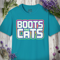 Side angle of the Boots and Cats Bold print on the t-shirt fabric.