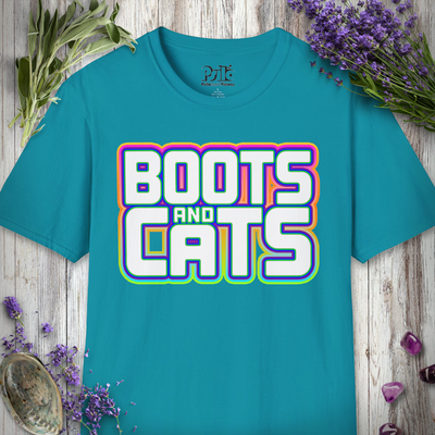 Side angle of the Boots and Cats Bold print on the t-shirt fabric.
