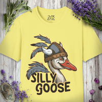 T-shirt printed with a goose wearing a horned viking helmet above the words 'Silly Goose'.