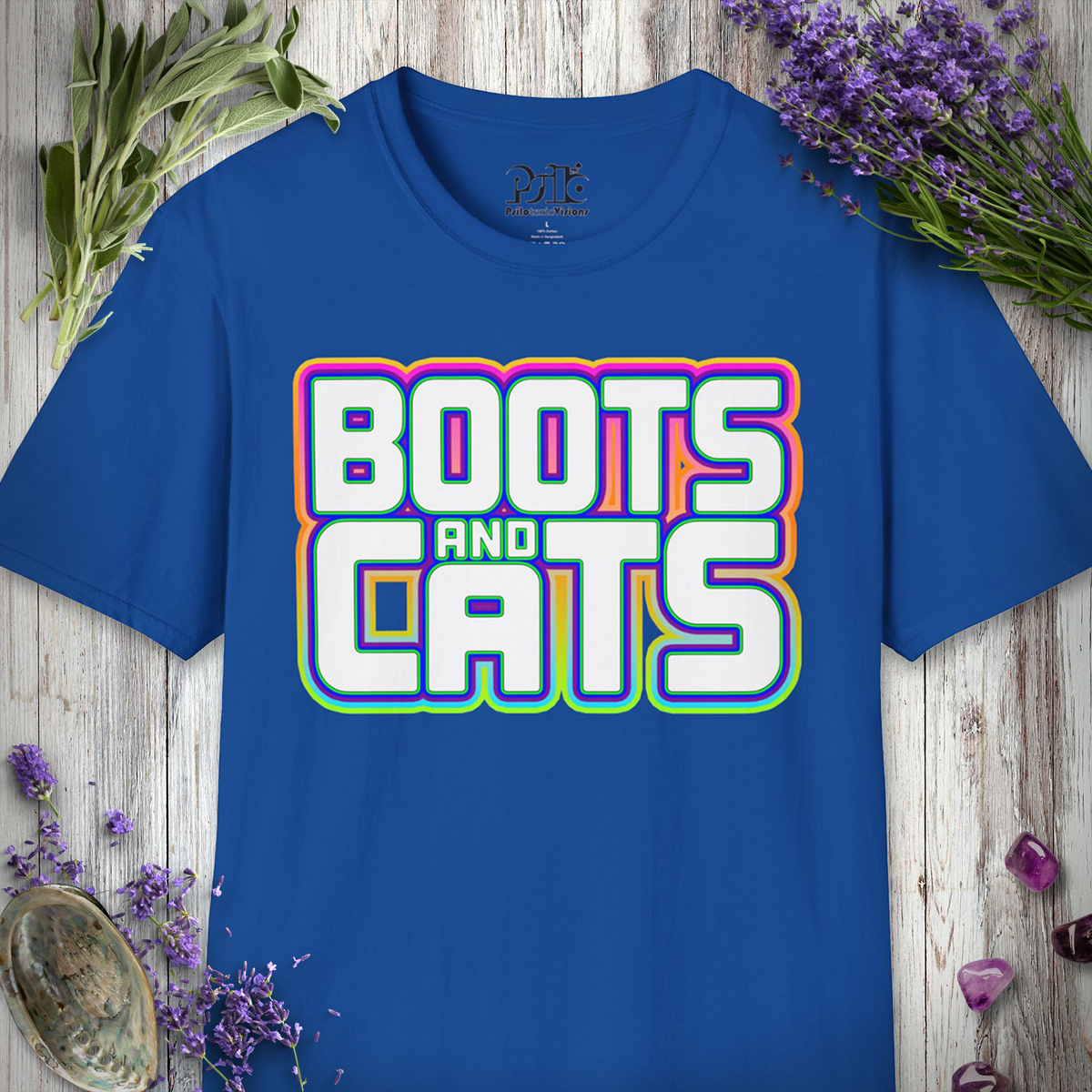 Front view of the Boots and Cats Bold t-shirt showing the full graphic print.