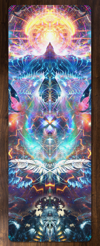 Colorful abstract raven design on a yoga mat with intricate patterns and vibrant colors.