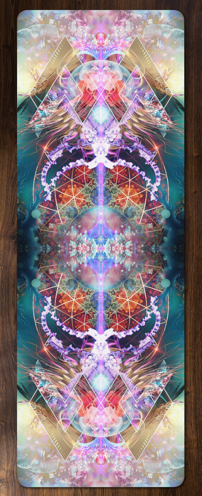Full view of the Primordial Soup yoga mat showing the psychedelic print across its full length.