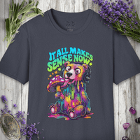 Heather navy unisex t-shirt printed with the psychedelic phrase 'it all makes sense now.'