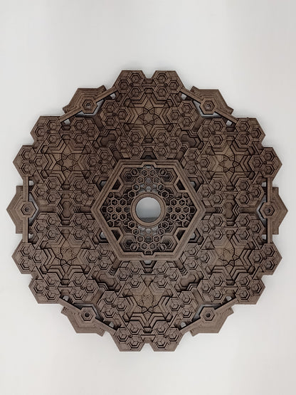 Front view of the Fractalgon wall art crystal grid, a wood laser-cut hexagon design.