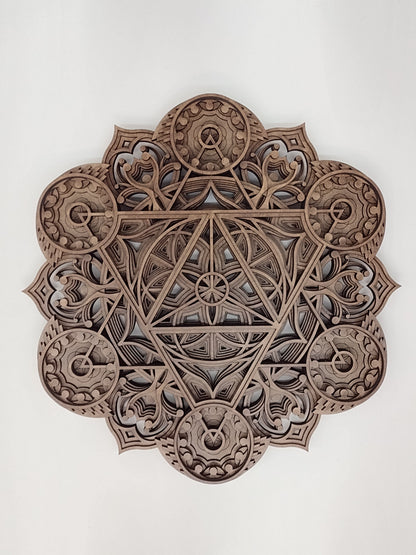 Front view of the Harvest Abundance wall art crystal grid, a wood laser-cut sacred geometry piece.