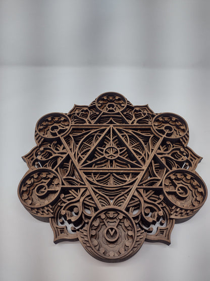 The Harvest Abundance wall art crystal grid resting on a flat surface, used here as a crystal grid base.