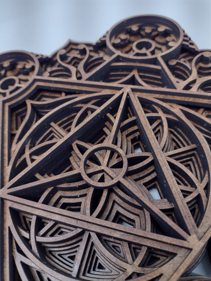 Close angled view of the Harvest Abundance wall art crystal grid highlighting the Metatron's Cube layers.