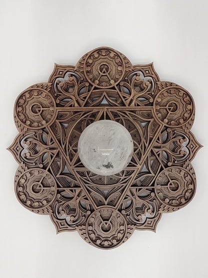 Detail view of the Harvest Abundance wall art crystal grid showing the layered wood edges.