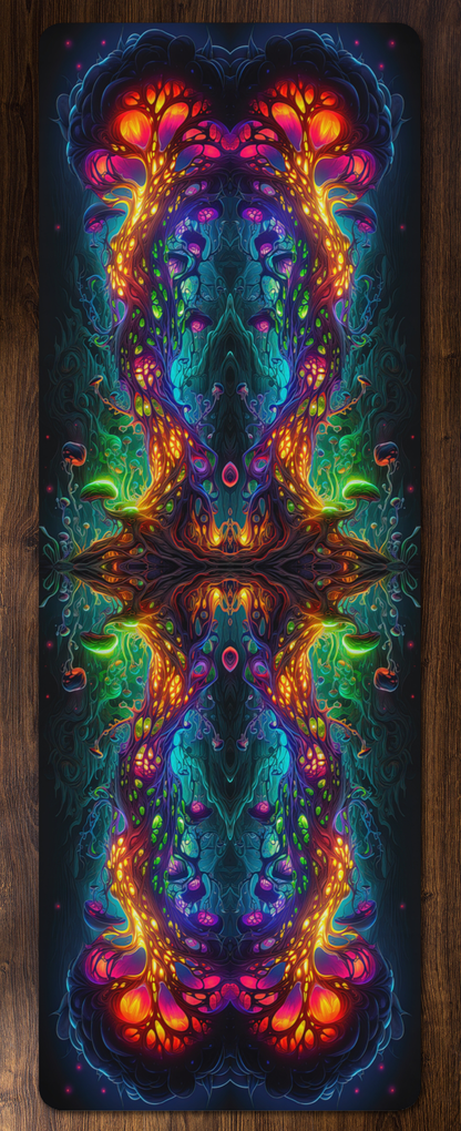 Flat lay of the Fungus Amongus yoga mat showing the edge-to-edge print.