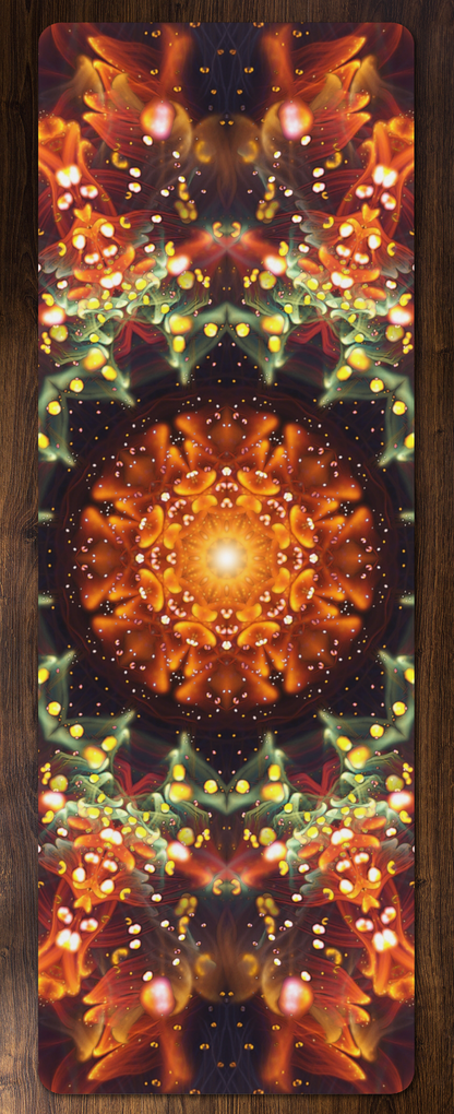Flat lay of the Autumn Bloom yoga mat showing the edge-to-edge print.