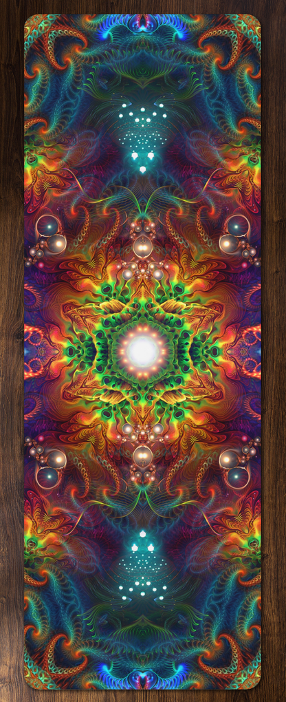 Full view of the glowing psychedelic 'Photonic' print covering this yoga mat.