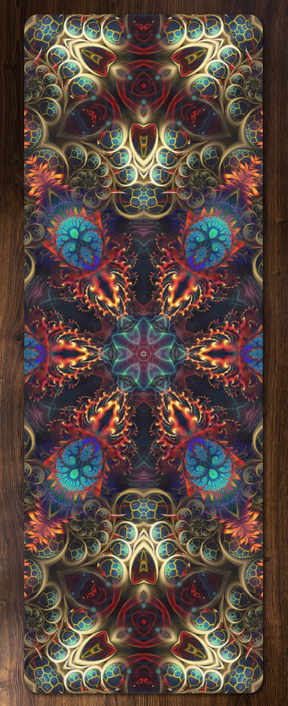 Photo of the Stimulous Mandala print on the yoga mat.