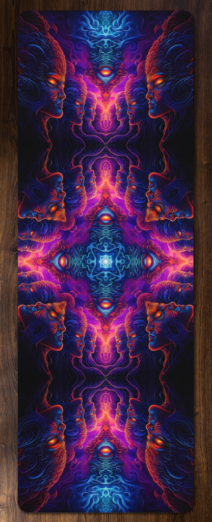 Full flat-lay view of the 'The Watchers' yoga mat with its edge-to-edge psychedelic print.