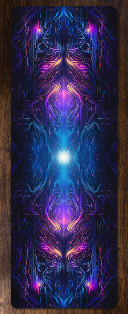 Full flat-lay view of the 'Twilight Glow' yoga mat with its edge-to-edge psychedelic print.