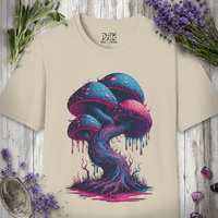Sand unisex t-shirt with the Neon Dripping Mushrooms psychedelic art print.