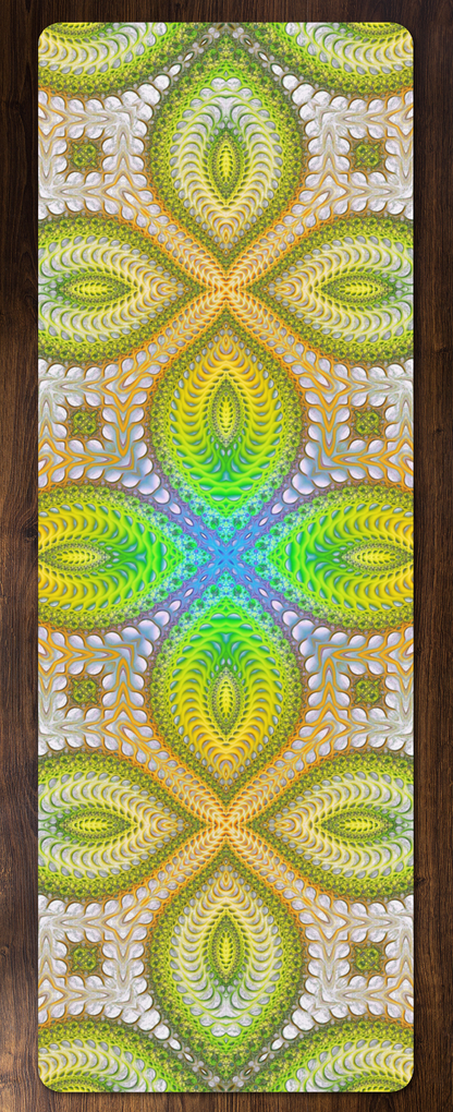 Photo of the Activation Initiated yoga mat, showing the edge to edge psychedelic print.