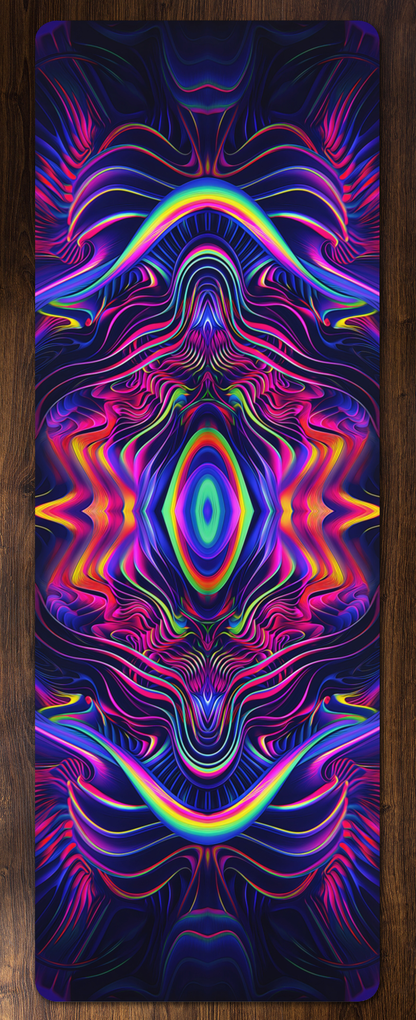Top-down photo of The Neon Effect yoga mat, showing the edge-to-edge neon psychedelic print.