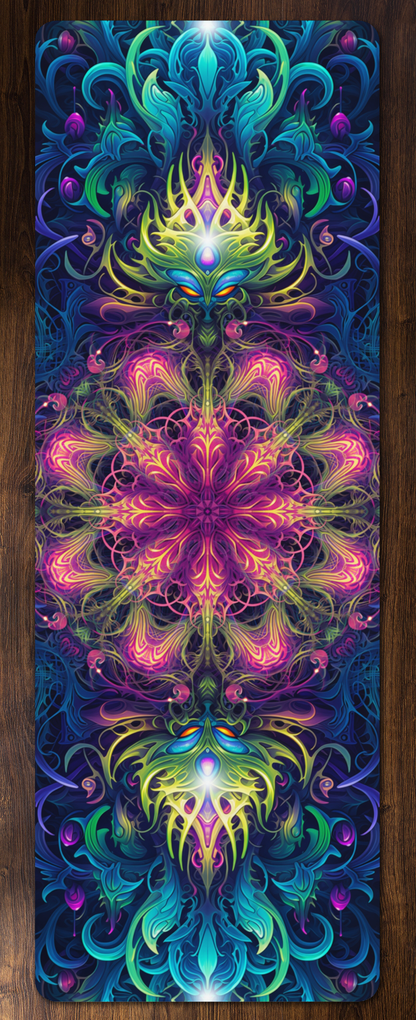 Rubber yoga mat printed edge to edge with the psychedelic Gatekeepers art design.