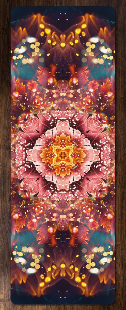 The 'Reaching For Light' design shows a pink floral mandala glowing with gold light on a rubber yoga mat.