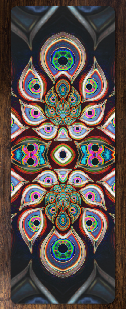 Full view of the Waiting Room yoga mat showing the psychedelic print across its full length.
