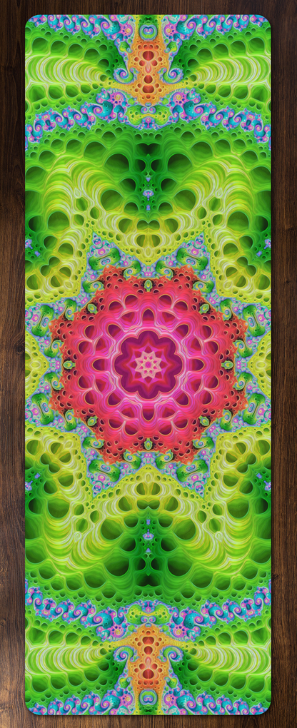 Full flat view of the Starburst yoga mat showing the psychedelic edge-to-edge print.
