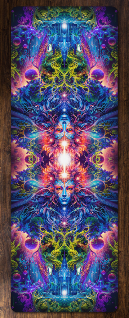 The Sacred Vine yoga mat with an edge-to-edge psychedelic mandala print.
