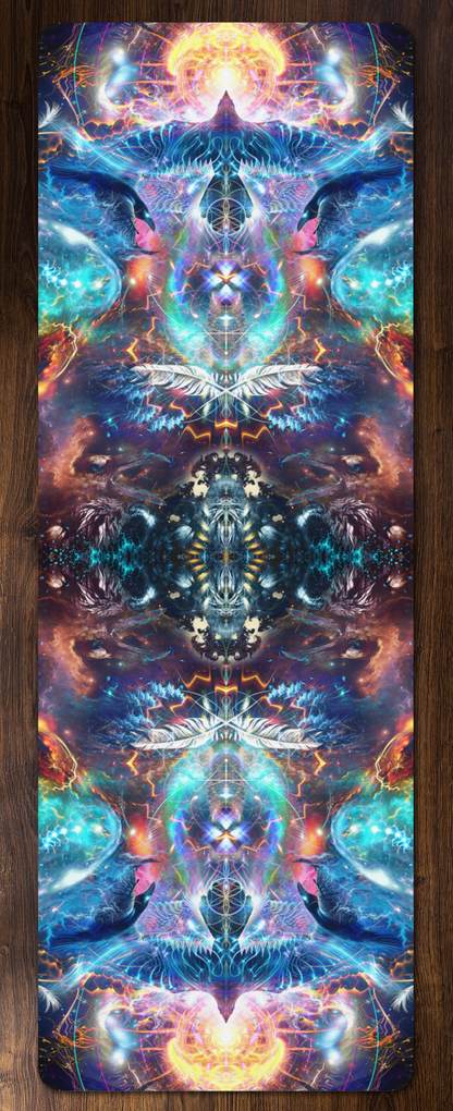 Soul Seeker V2 yoga mat unrolled on a wood floor, full cosmic feather print visible edge to edge.