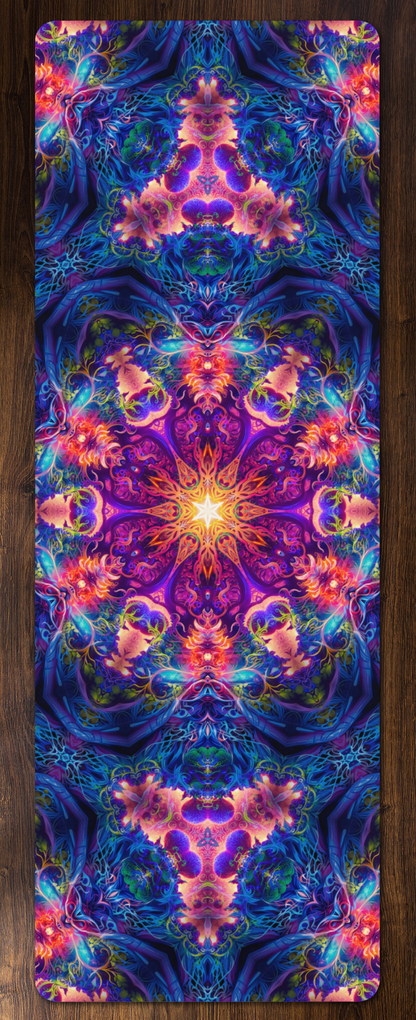 Top-down photo of The Sacred Circle yoga mat, showing the edge-to-edge sacred geometry mandala print.
