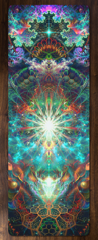 Full flat view of the To Tree or Not to Tree yoga mat showing the psychedelic edge-to-edge print.