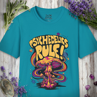 Front view of the 'Psychedelics Rule' graphic t-shirt in tropical blue, showing the design.