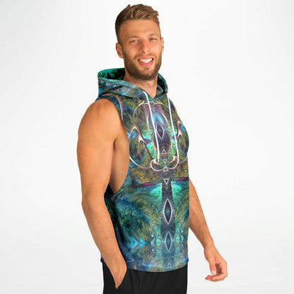 Model wearing the “Fluer De Vie” sleeveless hoodie from the side, showing the drop armhole cut.