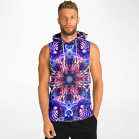 Model wearing the “Flow State” sleeveless hoodie, front view, showing overall fit and length.