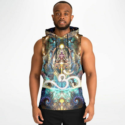 A second model wearing the “Density 432” sleeveless hoodie, front view, showing the fit and drape.