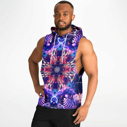 A second model wearing the “Flow State” sleeveless hoodie from the side, showing the drop armhole cut.