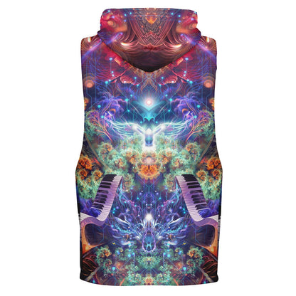 Ghost mannequin back view of the “Magnus Opum” sleeveless hoodie, showing the all-over print.