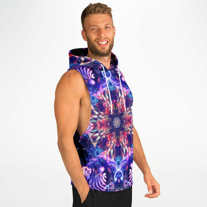 Model wearing the “Flow State” sleeveless hoodie from the side, showing the drop armhole cut.