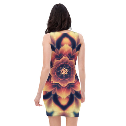 Back view of a white bodycon dress featuring the Mandala Bloom fractal flower mandala print.