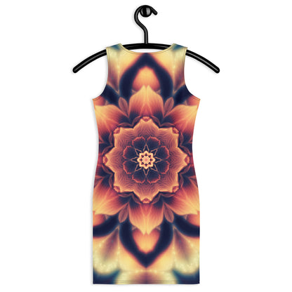 Back view of a white bodycon dress showing the Mandala Bloom fractal flower mandala print.