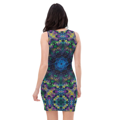 Back view of a white bodycon dress showing the Awakened fractal mandala print.