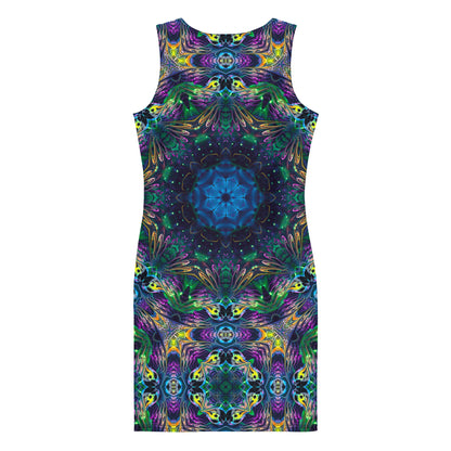 Back view of a white bodycon dress featuring the Awakened fractal mandala print.