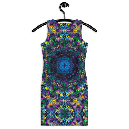 Back view of a white bodycon dress with the Awakened fractal mandala print.