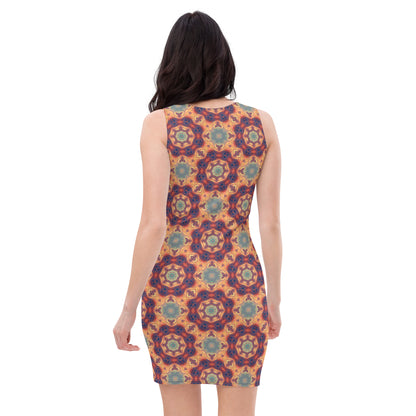 Back view of a white bodycon dress with the Aquatic Rays fractal ray print.