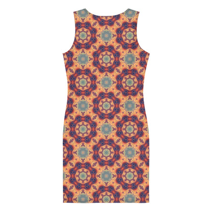 Back view of a white bodycon dress showing the Aquatic Rays fractal ray print.