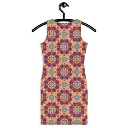 Back view of a white bodycon dress featuring the Aquatic Rays fractal ray print.