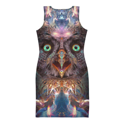 Back view of a white bodycon dress with the Complete Awareness tripping owl print.
