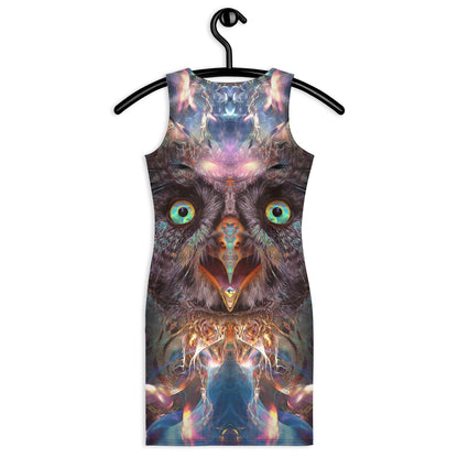 Back view of a white bodycon dress showing the Complete Awareness tripping owl print.
