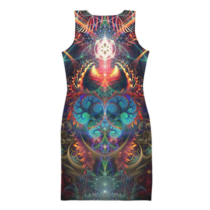 Back view of a white bodycon dress with the Stimulous psychedelic fractal burst print.